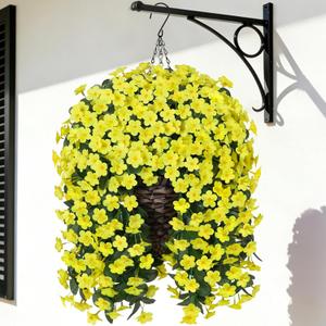 Artificial Faux Hanging Flowers Plants Baskets for Outdoor Outside, Fake Silk Yellow Orchid Trailing Vines in Planter Realistic UV Resistant for Balcony Porch Decor