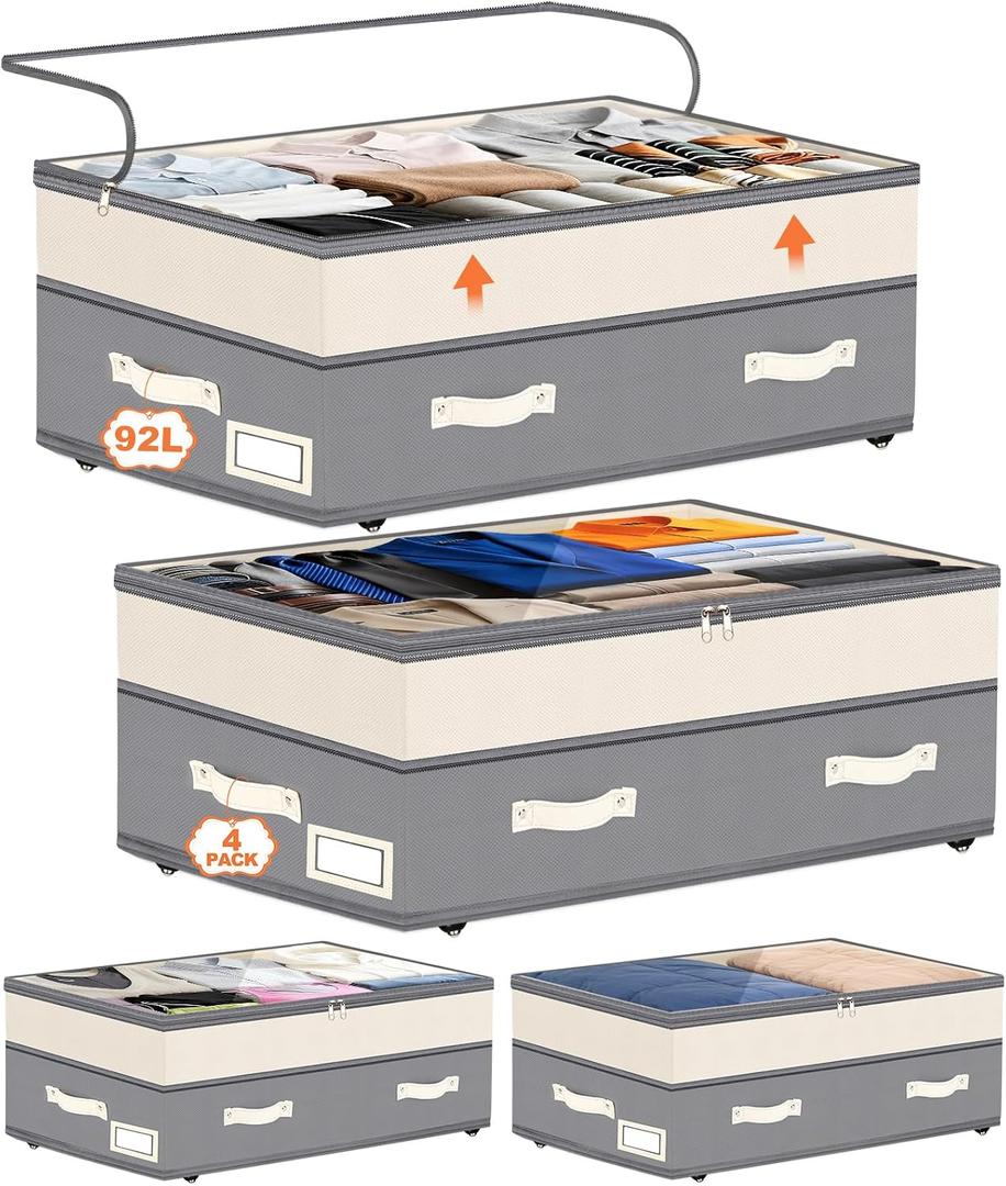 Dolicer 4 Pack Under Bed Storage with Wheels, 6in-10in Height Adjustable Underbed Storage Containers, 92L XXXL Under Bed Drawers Rolling Bin with Clear Lids for Dorm Shoes Clothes Organizers(Grey)