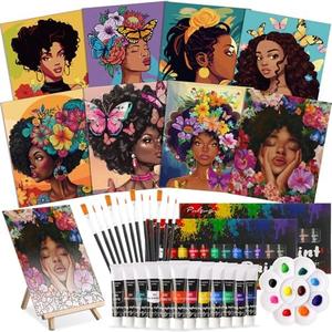 Cholemy 36 Pcs Paint and Sip Kit for Adults 8''x10'' Pre Drawn Canvas for Painting DIY Afro Acrylic Painting Kit Wood Easel Brushes Date Night Bulk for Mother's Day Party Gifts(Flowers Woman)