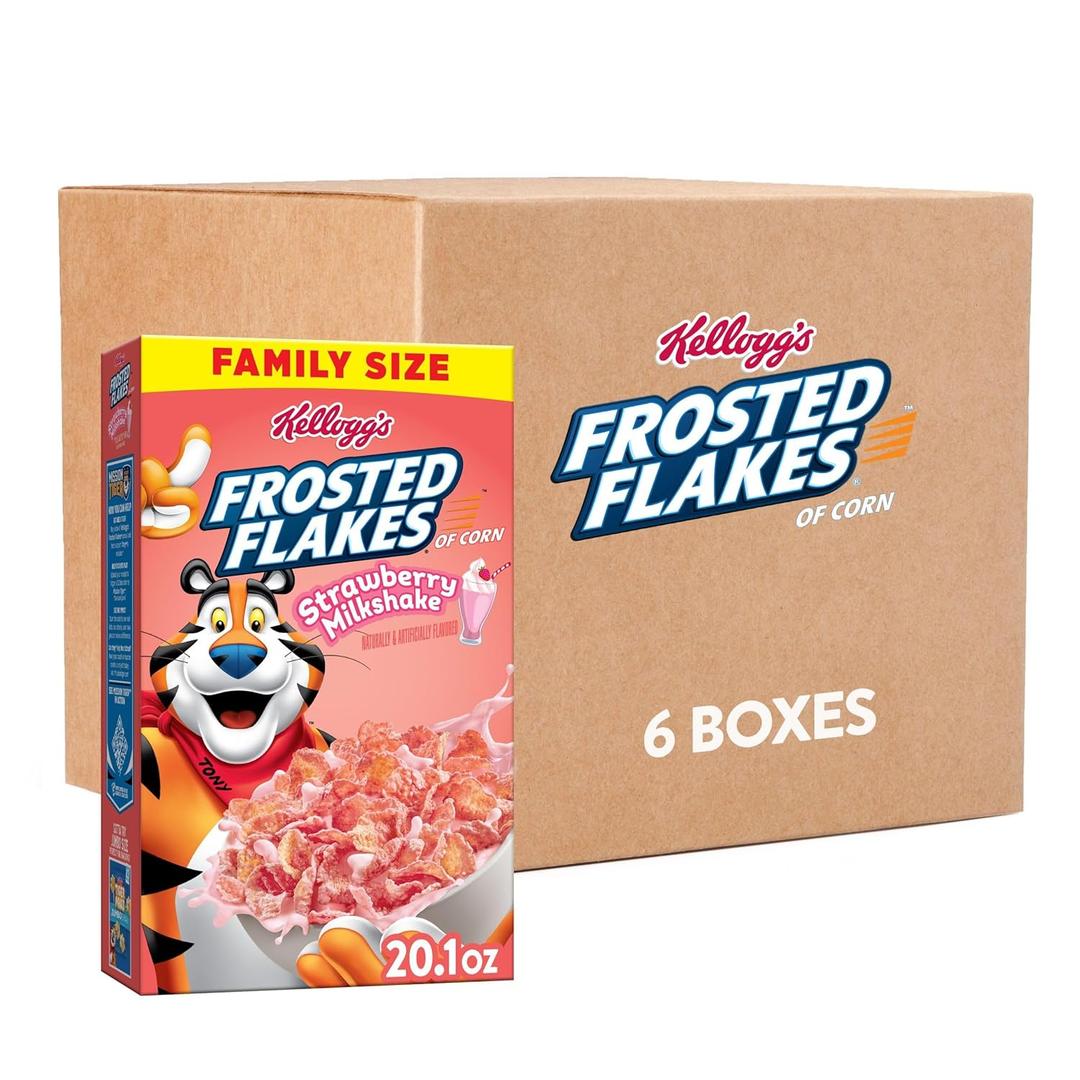 Kellogg's Frosted Flakes Breakfast Cereal, Kids Cereal, Family Breakfast, Family Size, Strawberry Milkshake (6 Boxes), Best By: SEP 03 2025
