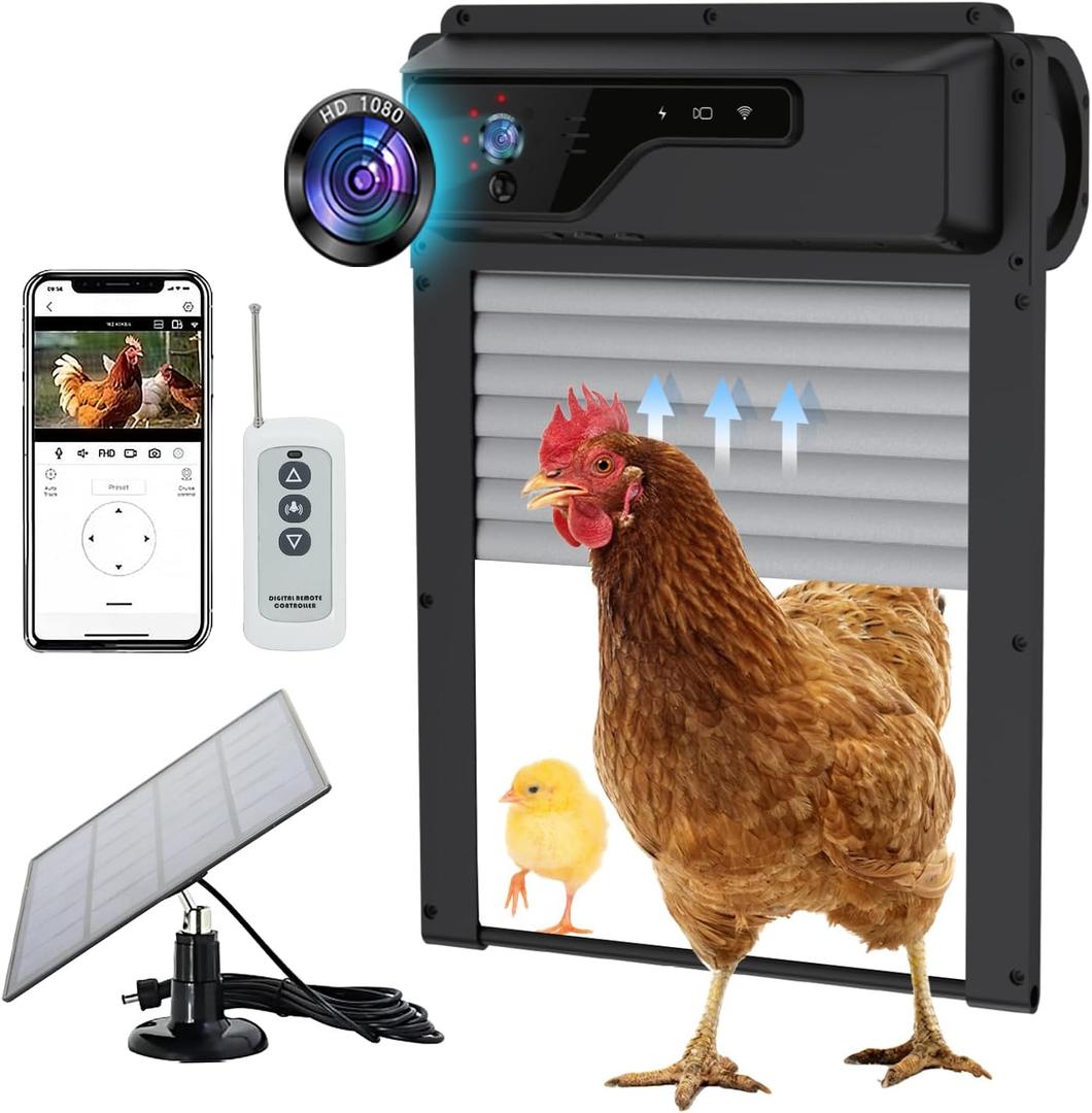 Automatic Chicken Coop Door with HD Camera, Solar Powered 5000mAh Battery - Door Opener with Remote, Timer & Anti-Pinch Sensor, App-Based Monitoring, Motion Detection, Weatherproof (Black)