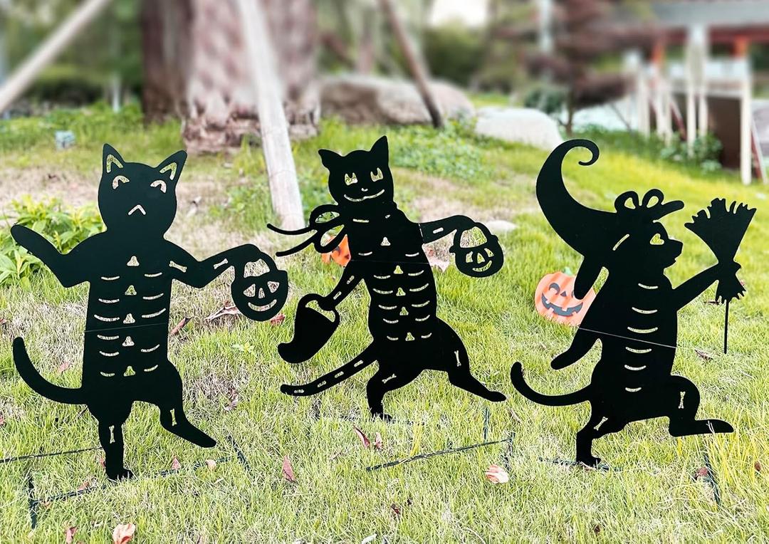 Metal Halloween Black Cat Garden Stakes Decorative, 3 Pack Scary Cat Halloween Yard Stakes Black Cat Silhouette for Home Yard Indoor and Outdoor Halloween Decorations.(Big)