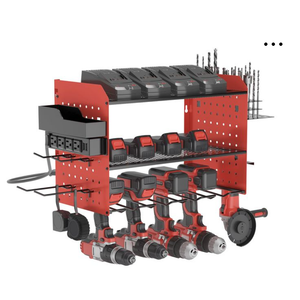 Solatmos Power Tool Organizer Charging Station With Light Angle Grinder Holder, Heavy Duty 3 Layer Drill Holder,1 Screw Boxes,4 Hooks,Tool Battery Holder Built in 4 Outlet Power Strip (red)