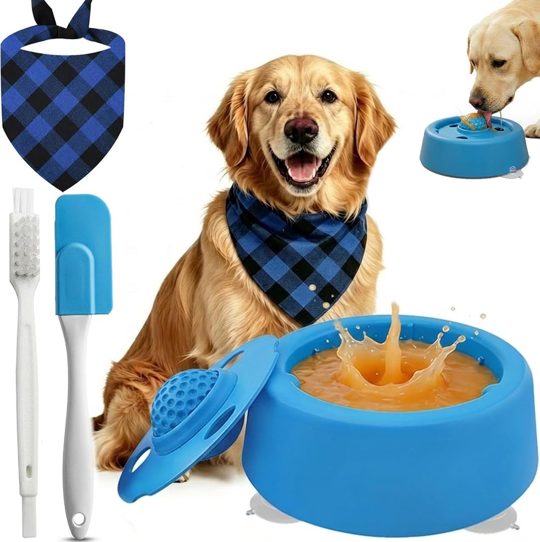 Dog Lick Bowl with Ball, 2-in-1 Slow Feeder Dog Bowls, Dog&Cat Licking Bowl with Rolling Ball for Liquid Treats, Non-Slip Lick and Roll Bowl for Dogs. Lick Ball for Dogs & Safety Lid (Blue)