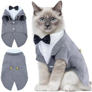 DENTRUN Cat Tuxedo Outfit, Sphynx Cat Costume Formal Suit with Bow Tie, Stylish Cat Shirt Fashion Apparel Fancy Clothes, Kitten Formal Attire Wedding Onesie Costume for Cats Only (Grey, XL)