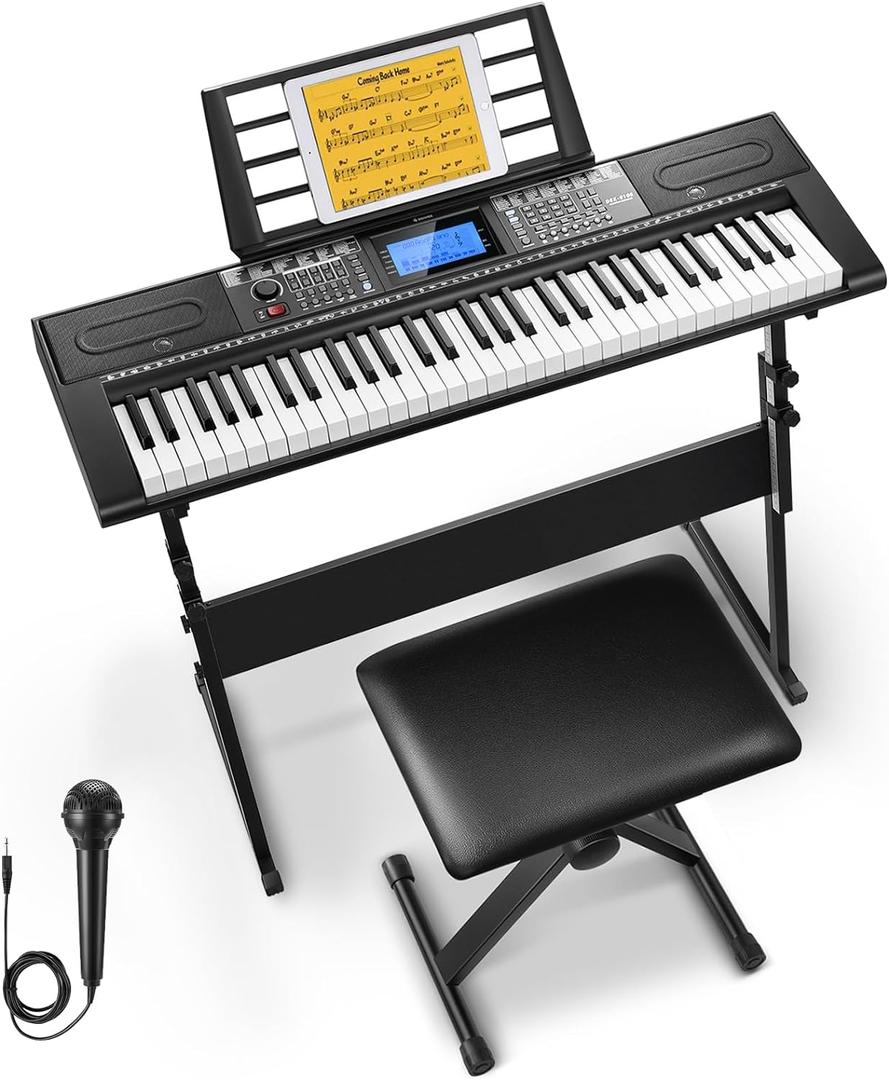 Donner 61 Key Keyboard Piano, Electric Piano Keyboard Kit with 249 Voices, 249 Rhythms - Includes Piano Stand, Stool, Microphone, Gift for Beginners, Black (DEK-610S), Full