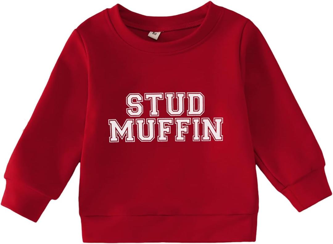 GLIGLITTR Toddler Baby Boy Valentines Sweatshirt Outfit Long Sleeve Stud Muffin Letter Print Pullover Shirt Clothes (Red)