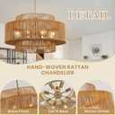 30Large Rattan Chandelier Vintage 8-Light Farmhouse Hand-Woven Boho Bamboo Chandelier Light Fixture Retro 3-Tier Drum Wicker Gold Chandeliers for Dining Room, Kitchen Island, Living Room, Bedroom