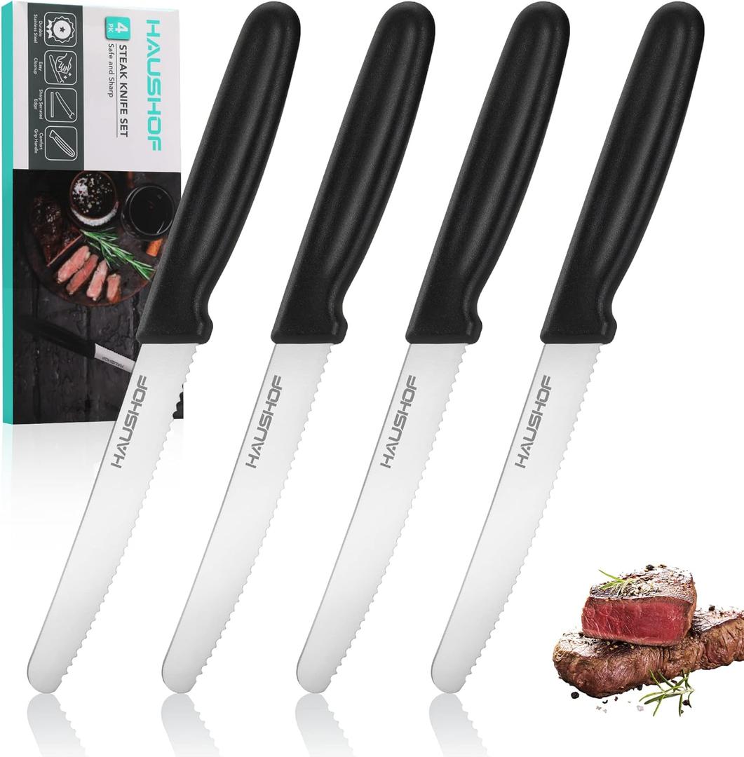 HAUSHOF Steak Knives Set of 4, Sharp Serrated Steak Knives, Premium Stainless Steel Steak Knife Set with Gift Box, Black Handle