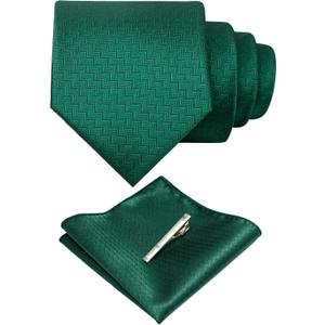 RBOCOTT Solid Color Tie Woven Classic Formal Mens Necktie and Pocket Square with Tie Clip Set (Dark Green365)