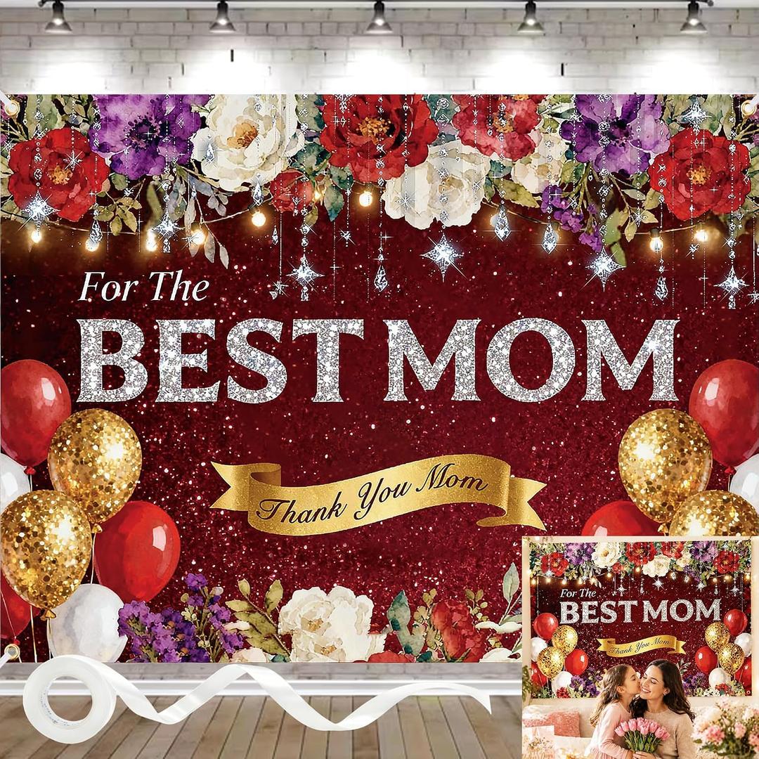 Mothers Day Backdrop 8x6FT Happy Mothers Day Banner with Ribbon, Large Polyester Mothers Day Banner with 4 Brass Grommets for Mothers Day Party Decorations Photography Background