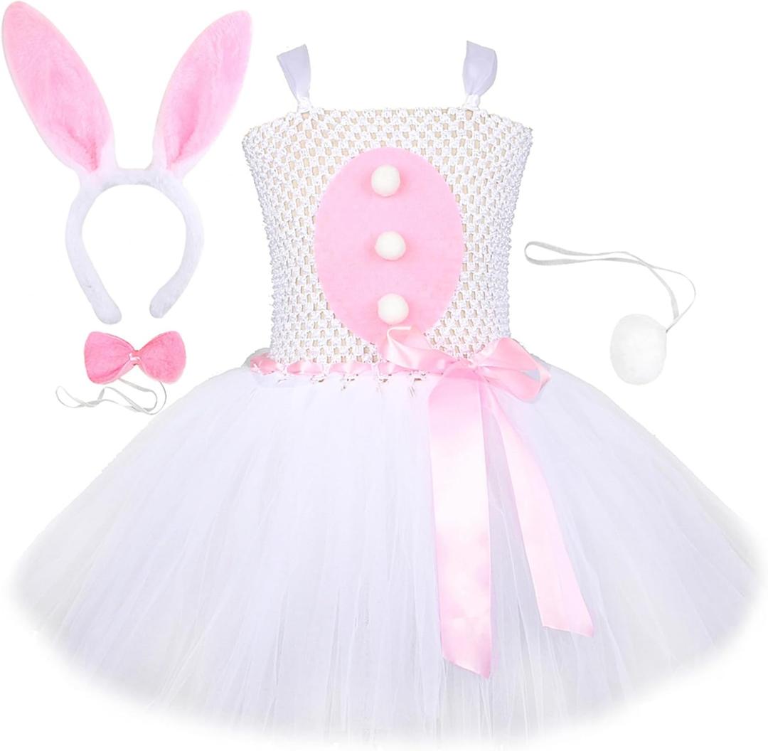 Bunny Costume Kids White Bunny Tutu Dress Easter Bunny Rabbit Costume Tutu Outfit Skirt Headband Tail for Girls (6-7Y)