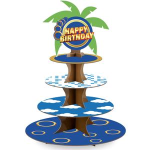 Geelin 4 Tier Gold Ring Cartoon Round Cupcake Stand Birthday Decoration Animals Forest Ring Tray Cake Stand Decorations for Birthday Party Baby Shower Supplies (Blue)