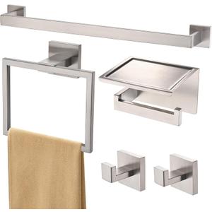 Bath Towel Bar Set 5 Pieces Brushed Nickel, Modern Bathroom Hardware Accessories Set Wall Mounted Include 16-InchTowel Rod, Towel Rack, Toilet Paper Holder with Shelf,2 Robe Hook (Large)