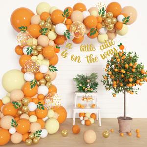 Amandir 152pcs Little Cutie Baby Shower Decorations, Orange Yellow Balloon Garland Arch kit with Orange Leaves A Little Cutie is On The Way Banner for Tangerine Theme Fruit Birthday Party Supplies