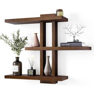 Variable Wood Floating Shelves Set of 3, Wall Cube Shelves 28.35" Max, Wall Shelves for Living Room Bathroom Bedroom - Light Walnut Color - 28.35" x 23" x 5.9" Max