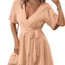 Women Wrap Dress Casual Mini V Neck Fall Long Sleeve Wedding Guest Dresses with Belt (Pink, XL)