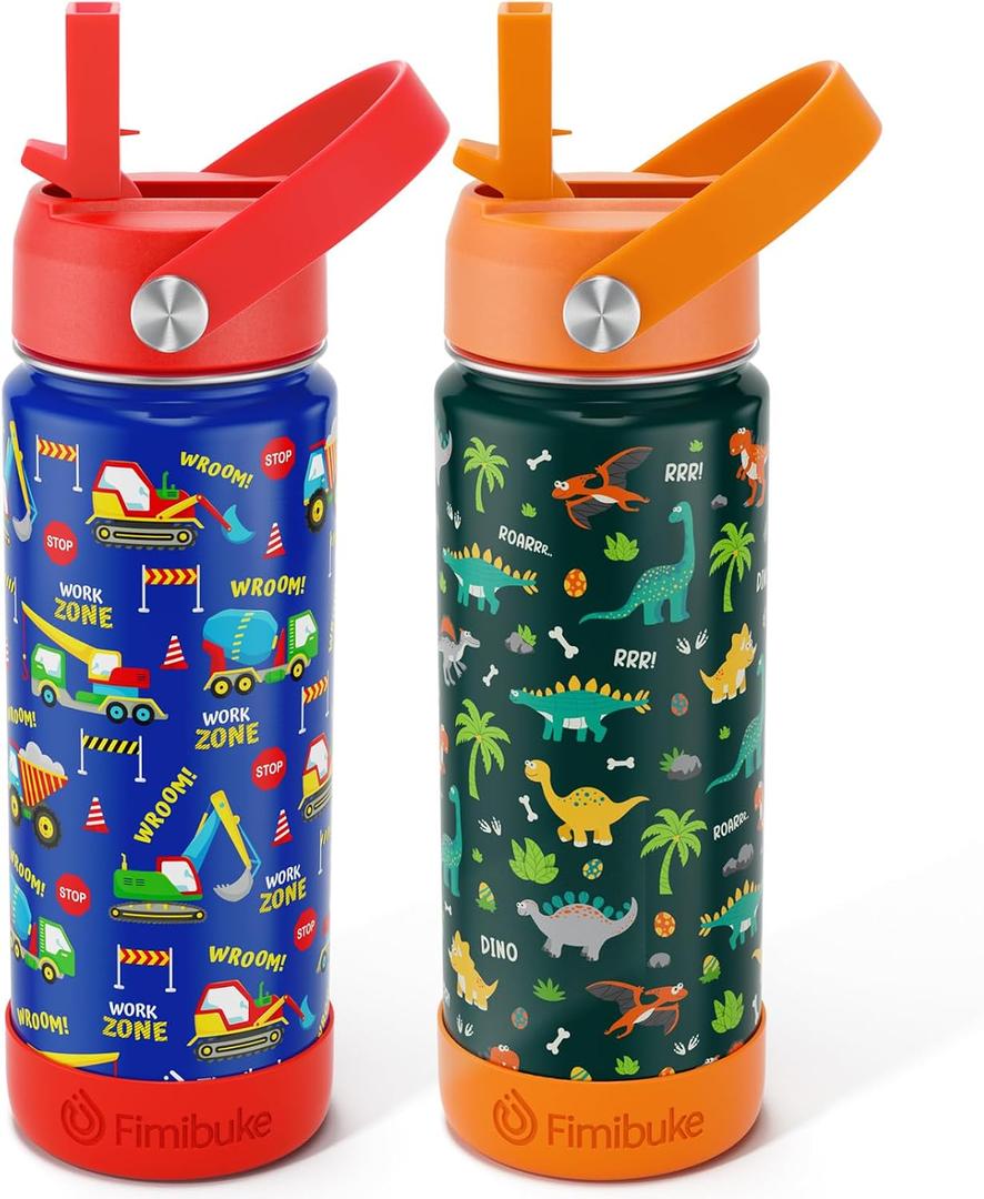 Fimibuke Kids Insulated Water Bottle, 18oz BPA FREE Kids Cups with Straw Double Wall Vacuum Tumbler 18/8 Stainless Steel Leak Proof Toddler Water Bottle for School Boys Girls (2 Pack, Dinosaur/Truck)