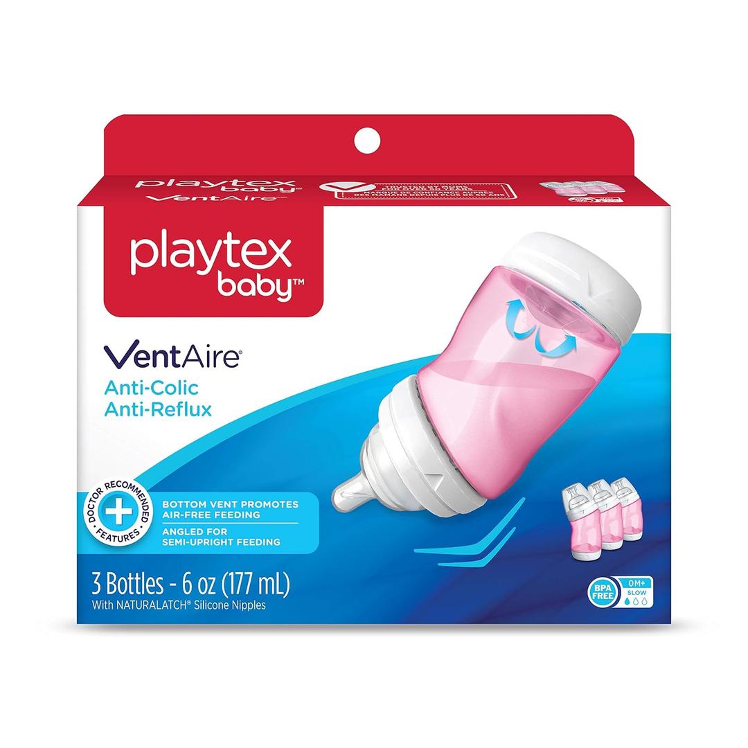 Playtex Baby Ventaire Anti Colic Baby Bottle, BPA Free, Pink, 6 Ounce - 3 Pack