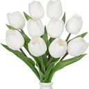 DILATATA 10 Pcs White Tulips Artificial Flowers Large Tulips Head Real Touch Fake Tulip Fake Flowers for Mother's Day 11.4" Faux Tulip for Vase Centerpieces Home Wedding Bouquet
