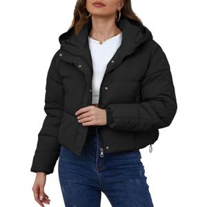 Yimoon Womens Winter Cropped Puffer Jacket Hooded Zip Up Short Warm Quilted Puffer Coat Outerwear (Black)