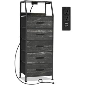 Nightstand 5 Drawer Dresser with Charging Station, Side Table with Fabric Drawers, End Table with Open Shelf, Bedside Table with USB Ports and Outlets, Tall Dresser for Bedroom, Hallway, Black