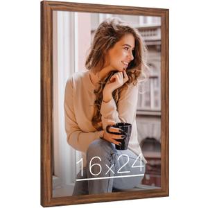 16x24 Wood Frame Brown, Rustic Natural 24x16in Woodgrain Picture Poster Frame, Modern Brown 16 x 24inch Gallery Wall Photo Frame with HD Plexiglass, Horizontal Vertical Wall Mounting Display 1pcs