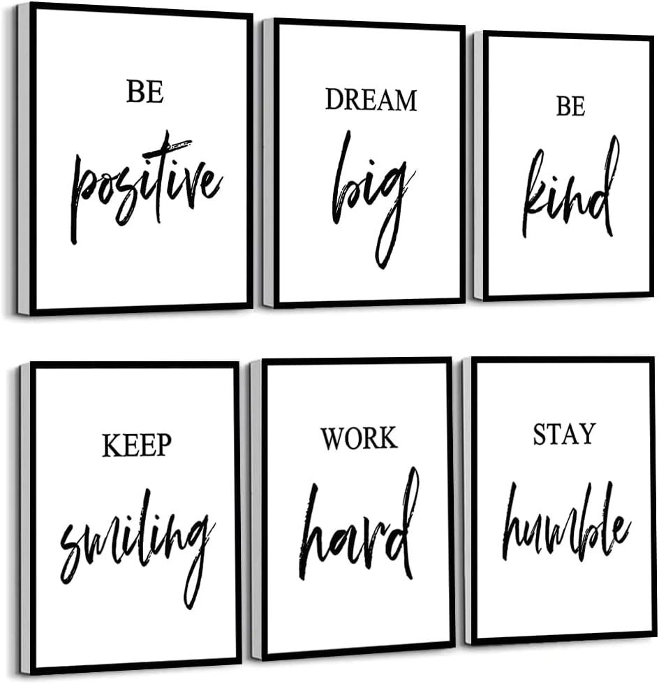 Inspirational Wall Art, Framed Motivational Canvas Wall Art Positive Quote for Living Room Bedroom Office, Stretched Ready to Hang (Set of 6, 8X10in, Framed) (Black and White)