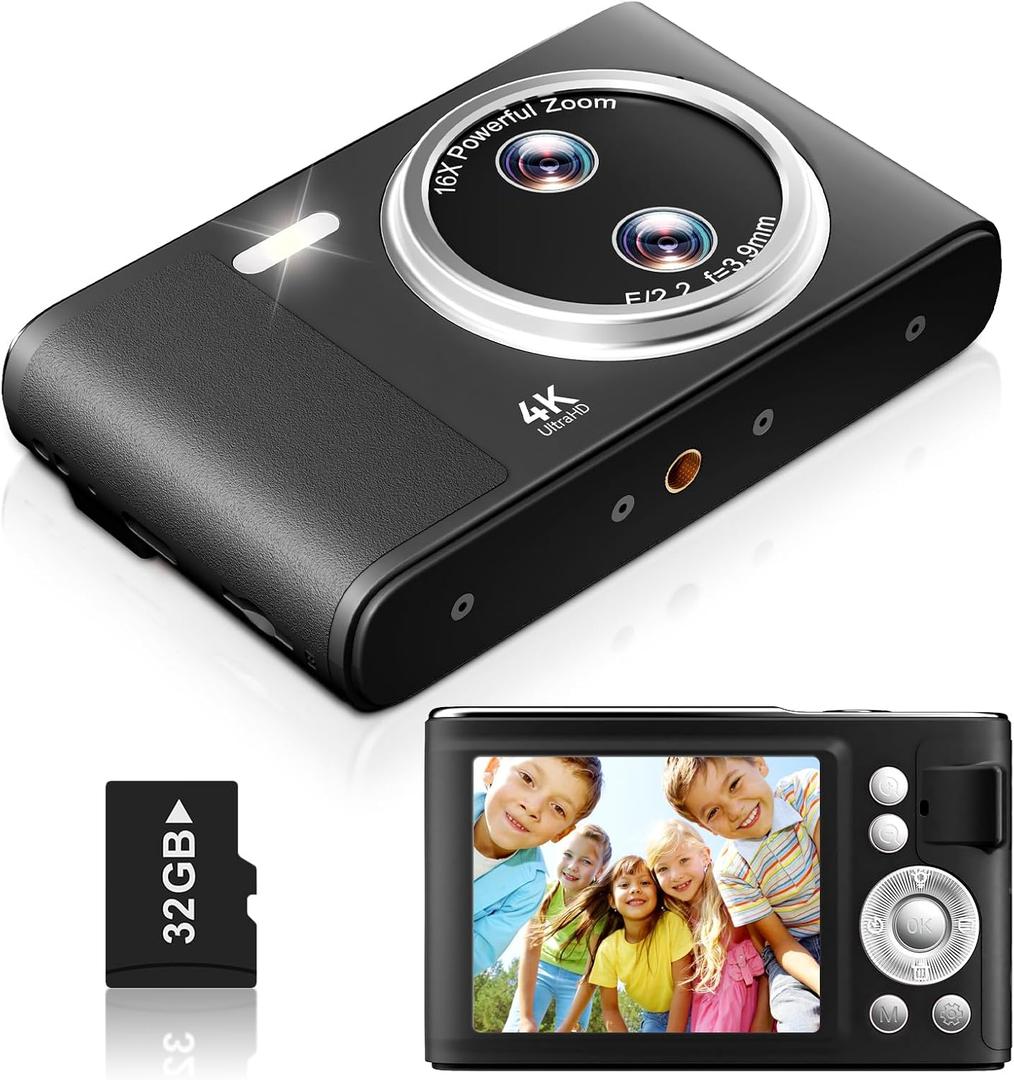 Digital Camera for Kids, 48MP FHD 1080P Autofocus Camera with 16x Zoom, Anti Shake Compact Point and Shoot Camera with 32GB Card for Beginners, Black
