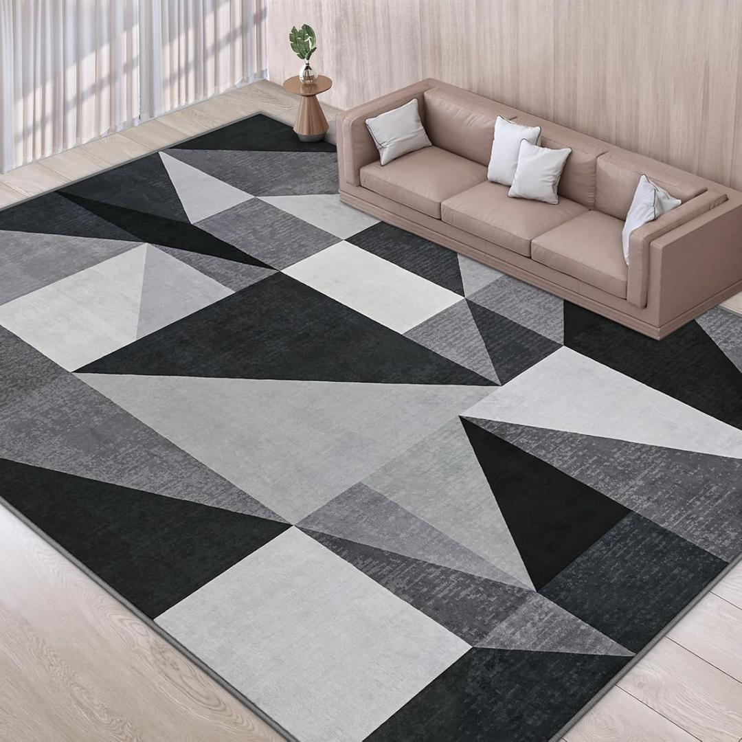 TWINNIS Indoor Modern Area Rug, 9x12 Geometric Patchwork Style Washable Large Rugs for Living Room Bedroom Hardwood Floors, Non Shedding Non Anti Backing Soft Carpet Home Floor Decor, Grey