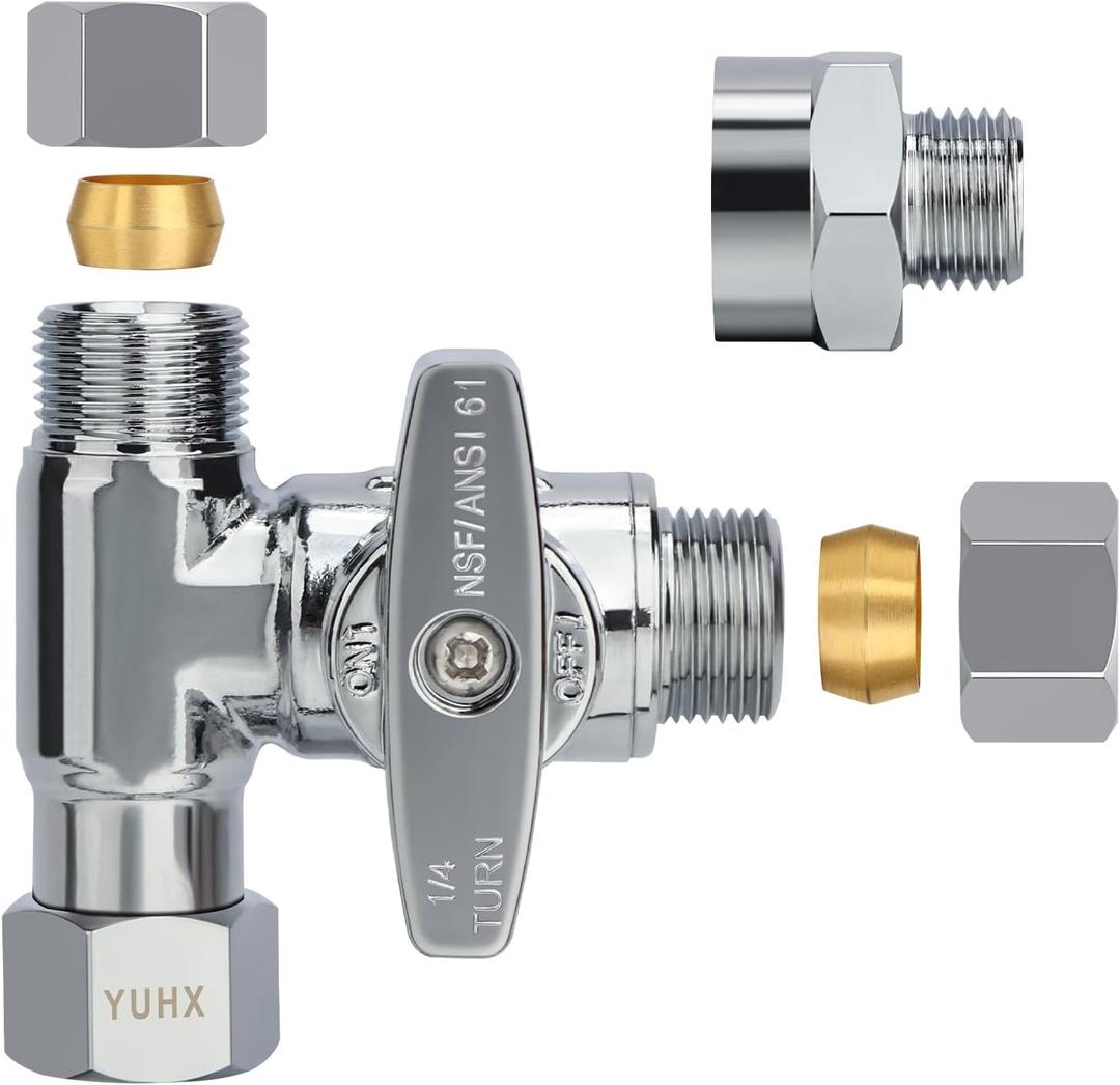 YUHX Brass Angle Stop Add-A-Tee Valve, 3/8 Inch Compression Outlet Easy Connect 3 Way Diverter 3/8"x3/8"x1/4" or3/8"Ice Maker RO System T