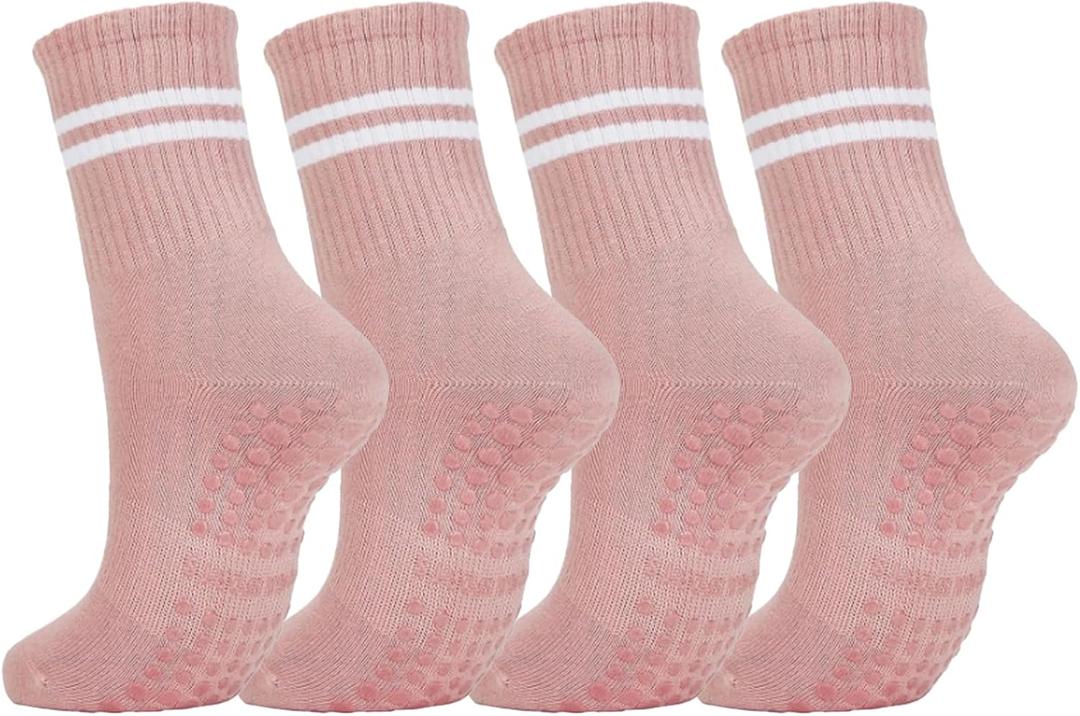 Womens 4Pcs Pilates Grip Socks Non Slip Yoga Socks with Grips Barre Hospital Athletic Socks for Women (Pink)
