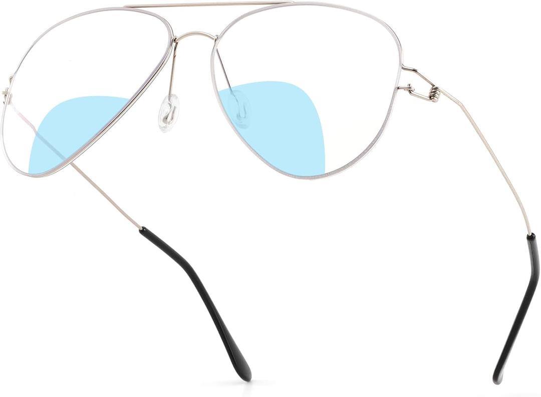 Aviator Bifocal Reading Glasses for Women Men Progressive Blue Light Blocking Dual Focus Readers Classic Double Bridge (Silver, 2.5+)