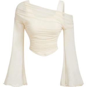 BEAUDRM Women's Y2K Off The Shoulder Tops Long Bell Sleeve Mesh Shirt Ruched Crop Top Rave Clubwear (Apricot), Size Small
