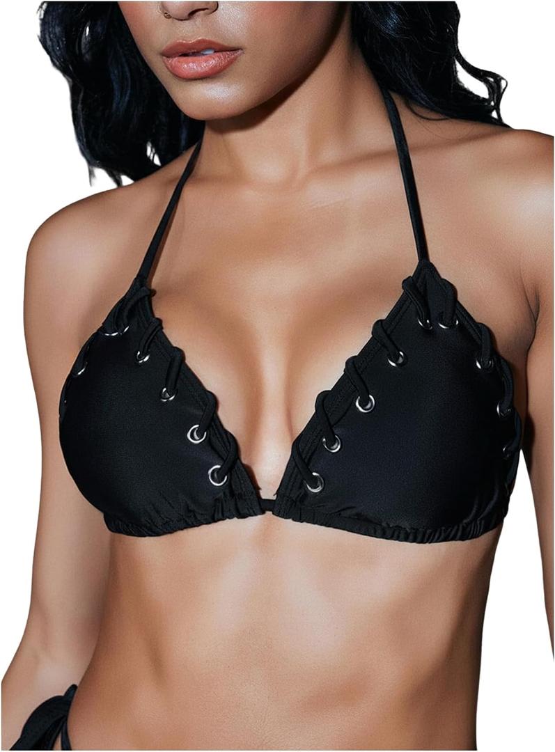 WDIRARA Women's Grommet Eyelet Halter Triangle String Bikini Tops Punk Tie Backless Swim Tops (Black, S)
