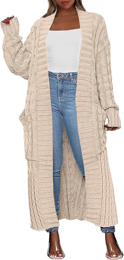 Caracilia Womens Long Cardigan Sweaters 2025 Fall Open Front Coat Long Sleeve Cable Knit Maxi Outerwear Trendy Jacket Clothes Size L