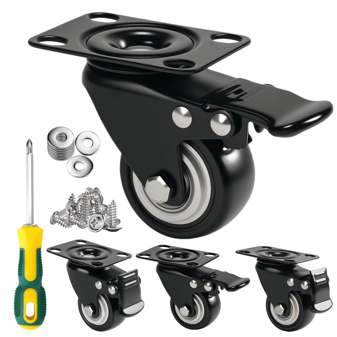 2" Caster Wheels Set of 4 - Heavy Duty Swivel Plate Casters with No Noise Locking, Wheels for Furniture, Cart, Workbench