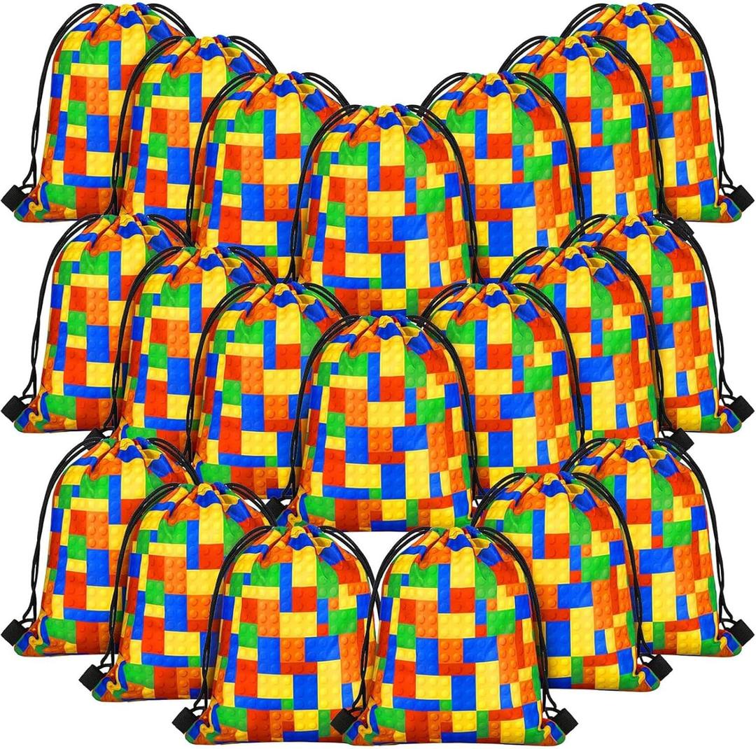 Shappy 24 Packs Building Block Party Favors Building Blocks Drawstring Gift Bags Candy Goodie Treat Bags for Birthday Party Supplies Decorations