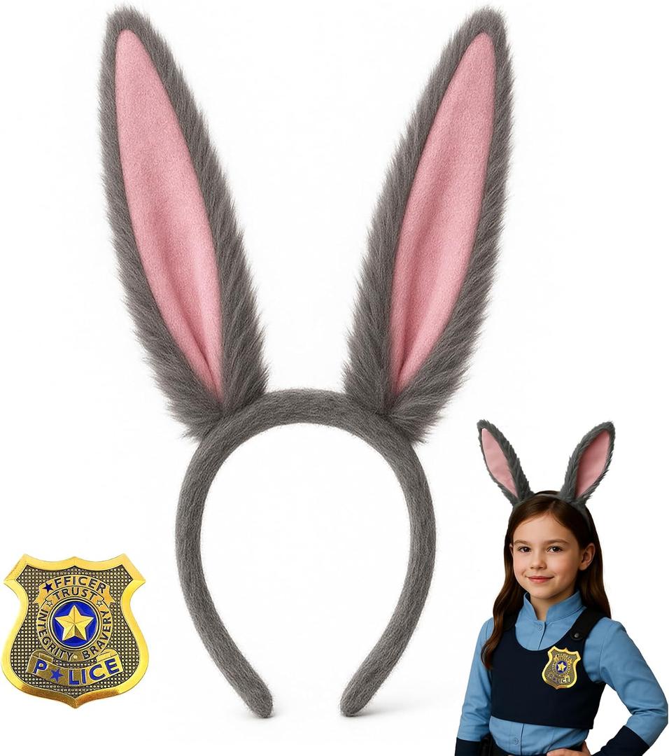 Gray Bunny Ears Headband and Badge Costume Accessories Set Grey Rabbit Ears with Badge for Kids, Adults, Women, Girls, and Boys Halloween Dress Up, Cosplay Party Supplies, Holiday Celebrations