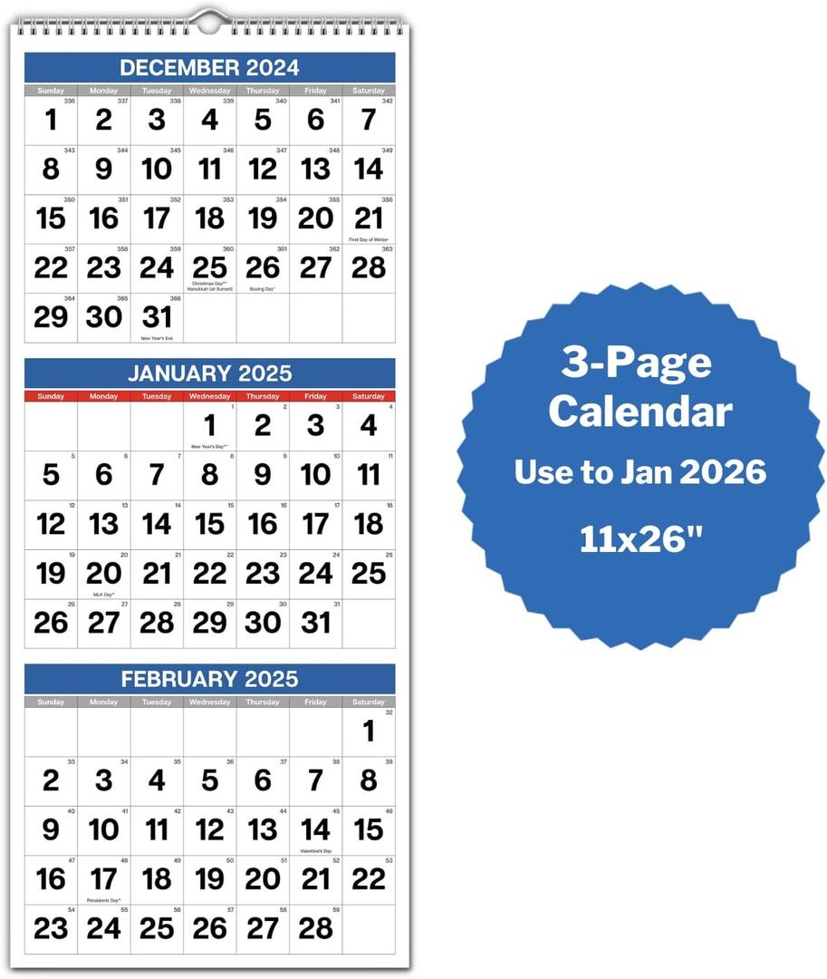 Dunwell Three Month View Calendar 2023-2024, Use to December 2024, 3 Month Wall Calendar, 11x26 3 Panel Calendar, Last Page Includes January 2025, Ships Folded (Blue)