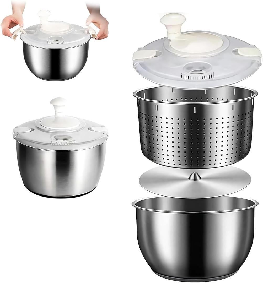 Stainless Steel Salad Spinner, 6L Multi-Use Lettuce Spinner with PP Lid, Large Vegetable Washer with Non-Slip Base, Fruit Washer, Vegetable Dryer, Dishwasher Safe