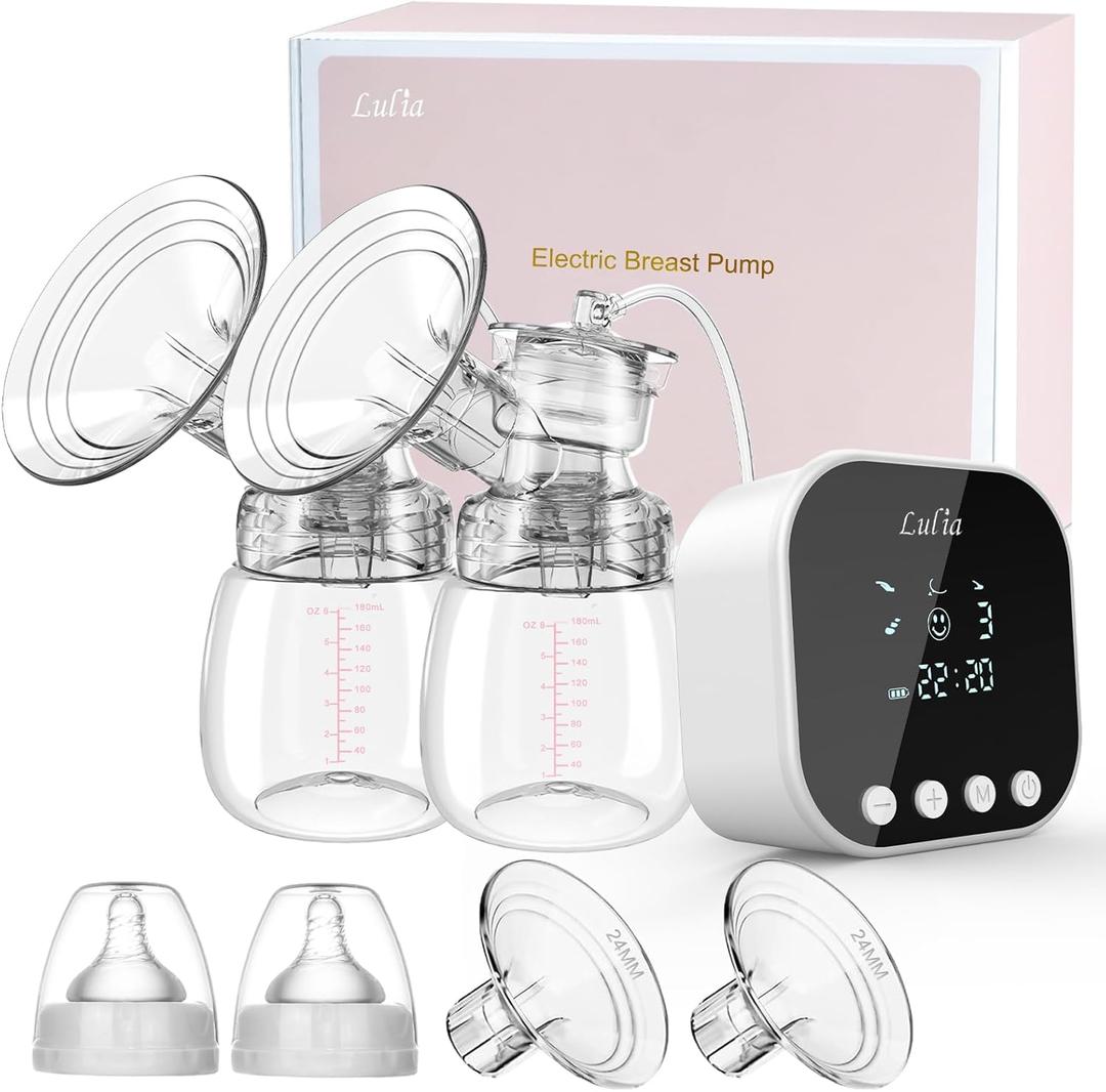 Lulia Double Electric Breast Pump, Breastfeeding Pump 4 Modes & 9 Levels, Low Noise, Anti-Backflow & LED Display, BPA Free, Portable Breast Pumps with 24mm Flange (White)