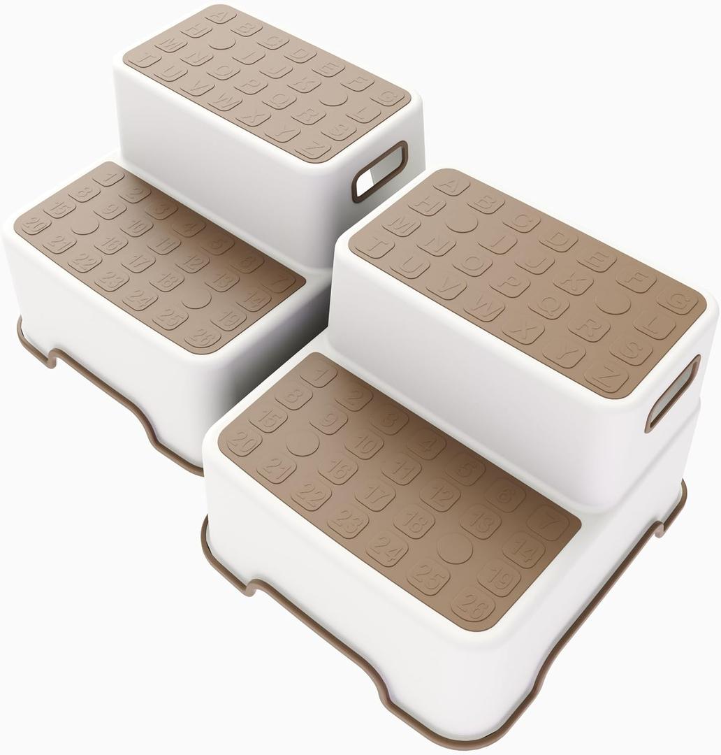 Toddler Step Stool for Bathroom Sink, 2 Pack Step Stool for Kids, Plastic Potty Training Toilet Stepping Stools, Child and Baby Lightweight&No-Slip Two Step Stools for Kitchen - Khaki