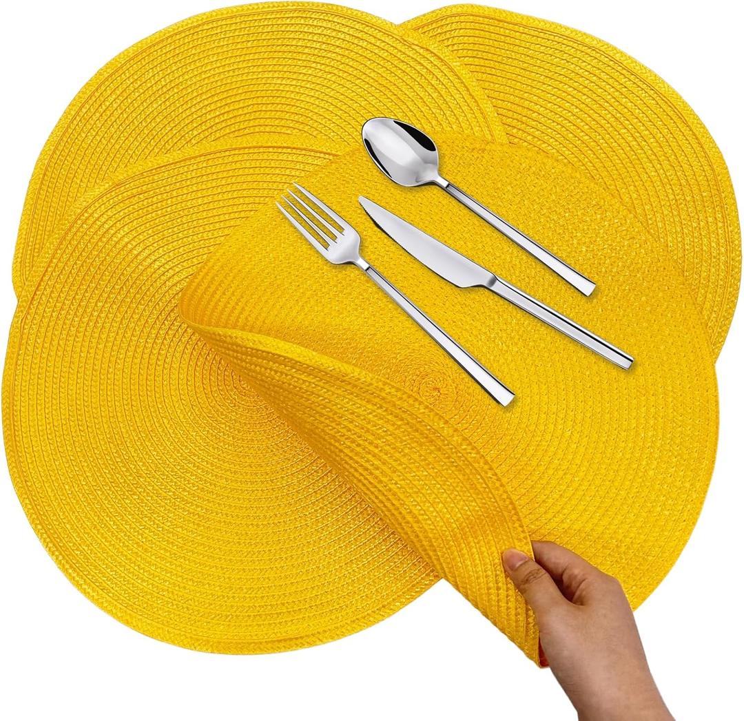 4PCS 15 Inch Round Braided Placemats, Washable Heat Resistant Circle Place Mats, Cotton Polyester Placemats for Kitchen Dining Table/Households(Yellow)