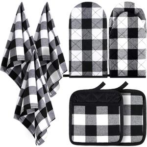 7 Pieces Buffalo Check Dish Towels Pot Holders Oven Mitts Set Cotton Plaid Kitchen Dish Towels Non-Slip Heat Resistant Oven Mitts and Pot Holders for Cooking Baking Grilling Supply (Black with White)