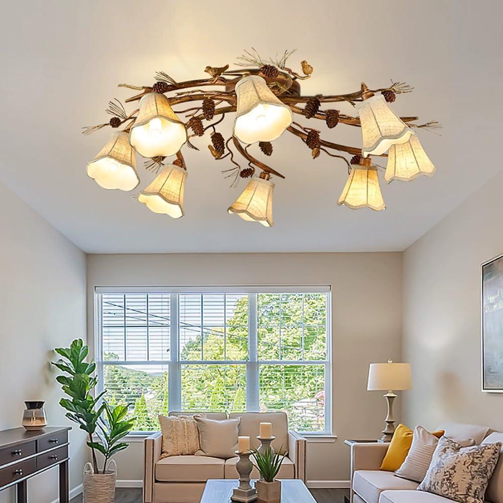 Skyblaze Classic Bird Semi Flush Mount Ceiling Light, Branches Ceiling Light with Fabric Linen Shade, Farmhouse Pine Cones Ceiling Lamp for Dining Room, Kitchen, Living Room (8 Lights)