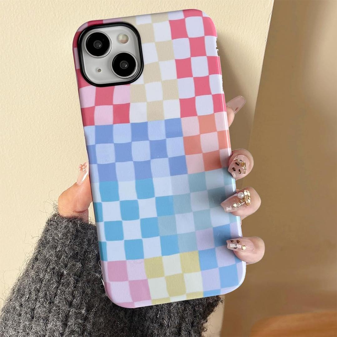Compatible with iPhone 14 Plus Case, Cute Fashion Aesthetic Colorful Checkered Pattern Cover for Women, Shockproof Soft TPU and Hard PC Protective Phone Case for iPhone 14 Plus 6.7"
