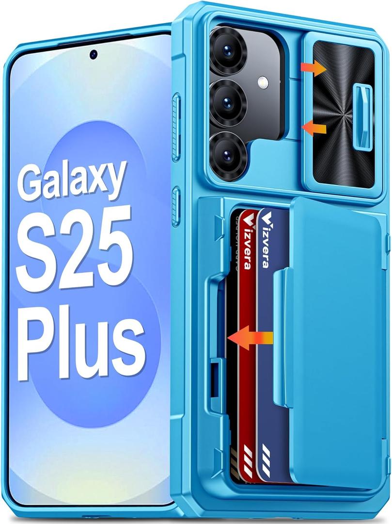 Vizvera for Galaxy S25+Plus Case Wallet RFID [Cards Holder][Camera Cover][Edge Raised] Full Body Rugged Shockproof Silicone Protective Phone Case for Galaxy S25+Plus 6.7"(Lake Blue)