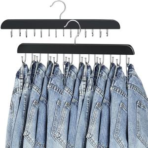 Jean Hangers for Closet, 14 Wood Jeans Hooks Space Saving, 180 Rotating Jean Hangers for Skirts/Shorts/Belts/Ties, Closet Organizers and Storage, Pants Hooks for Jeans, 2 Pack, Black
