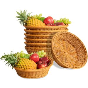 Poly Wicker Woven Bread Basket - 6 Pack Imitation Rattan Fruit Basket - 11.8"D x 9"W x 2.75"H Stackable Round Food Baskets for Serving Display Storage Kitchen Restaurant Home Vegetable